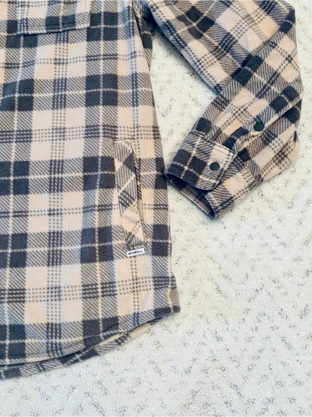 ONeill Soft Fleece Plaid Long Sleeve Snap Shirt Womens Large Pink Grey Pockets - Picture 8 of 13